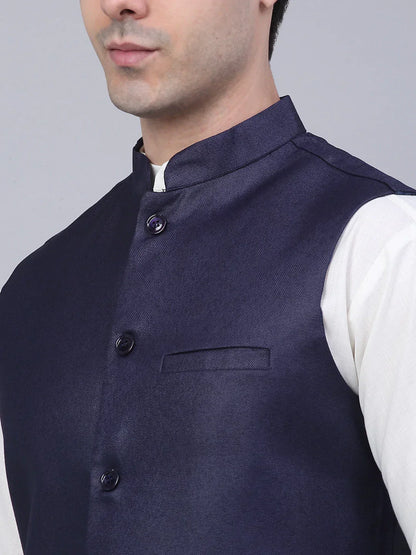 Jompers Men's Navy Blue Solid Woven Sleeveless Nehru Jackets