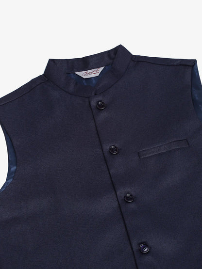 Jompers Men's Navy Blue Solid Woven Sleeveless Nehru Jackets