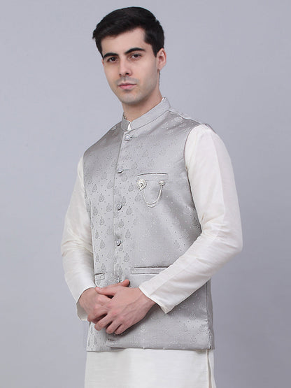Jompers Men's Grey Woven Design Waistcoats