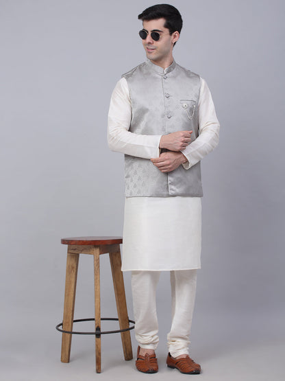 Jompers Men's Grey Woven Design Waistcoats
