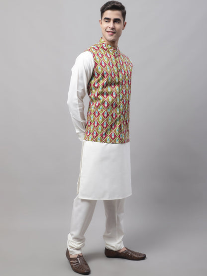 Jompers Men's Olive and Maroon Printed Waistcoats