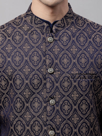 Jompers Men's Navy Blue and Brown Woven Design Waistcoats