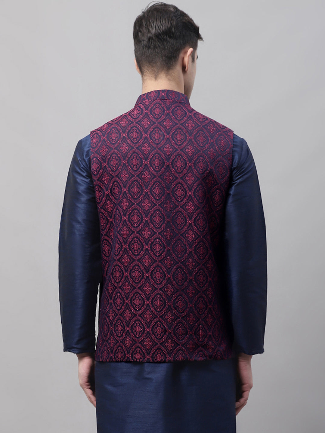 Jompers Men's Navy Blue and Maroon Woven Design Waistcoats