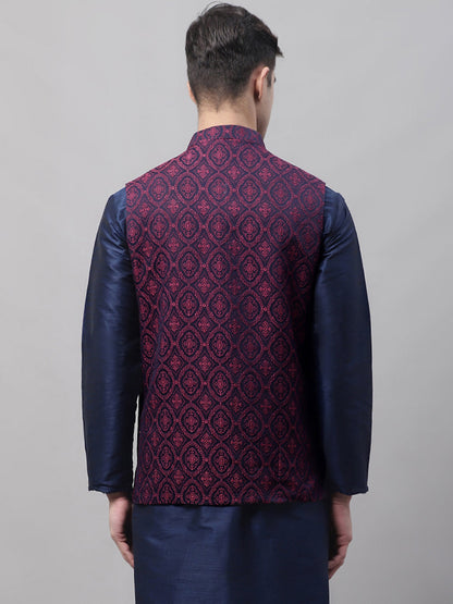 Jompers Men's Navy Blue and Maroon Woven Design Waistcoats
