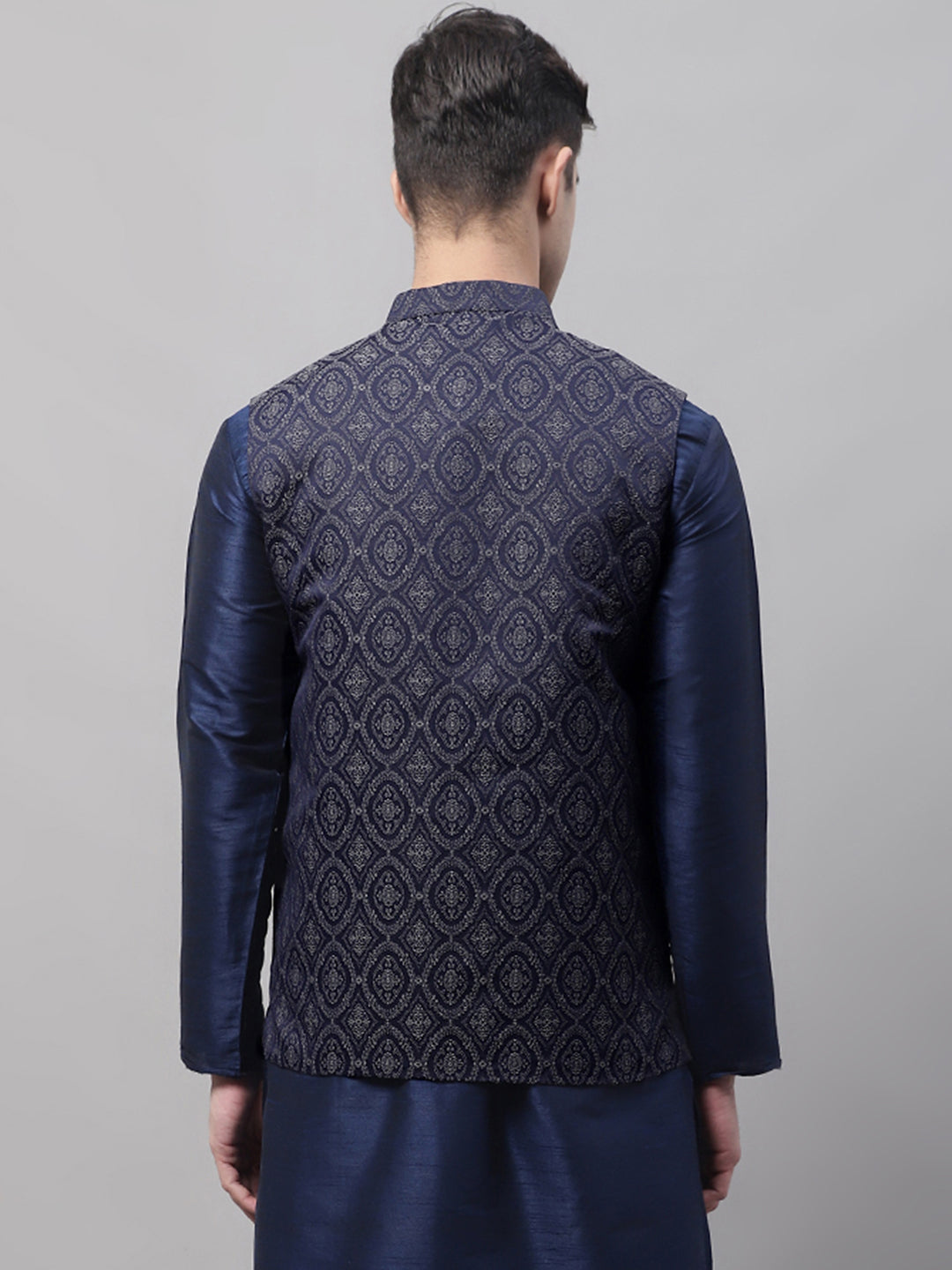 Jompers Men's Navy Blue and Silver Woven Design Waistcoats
