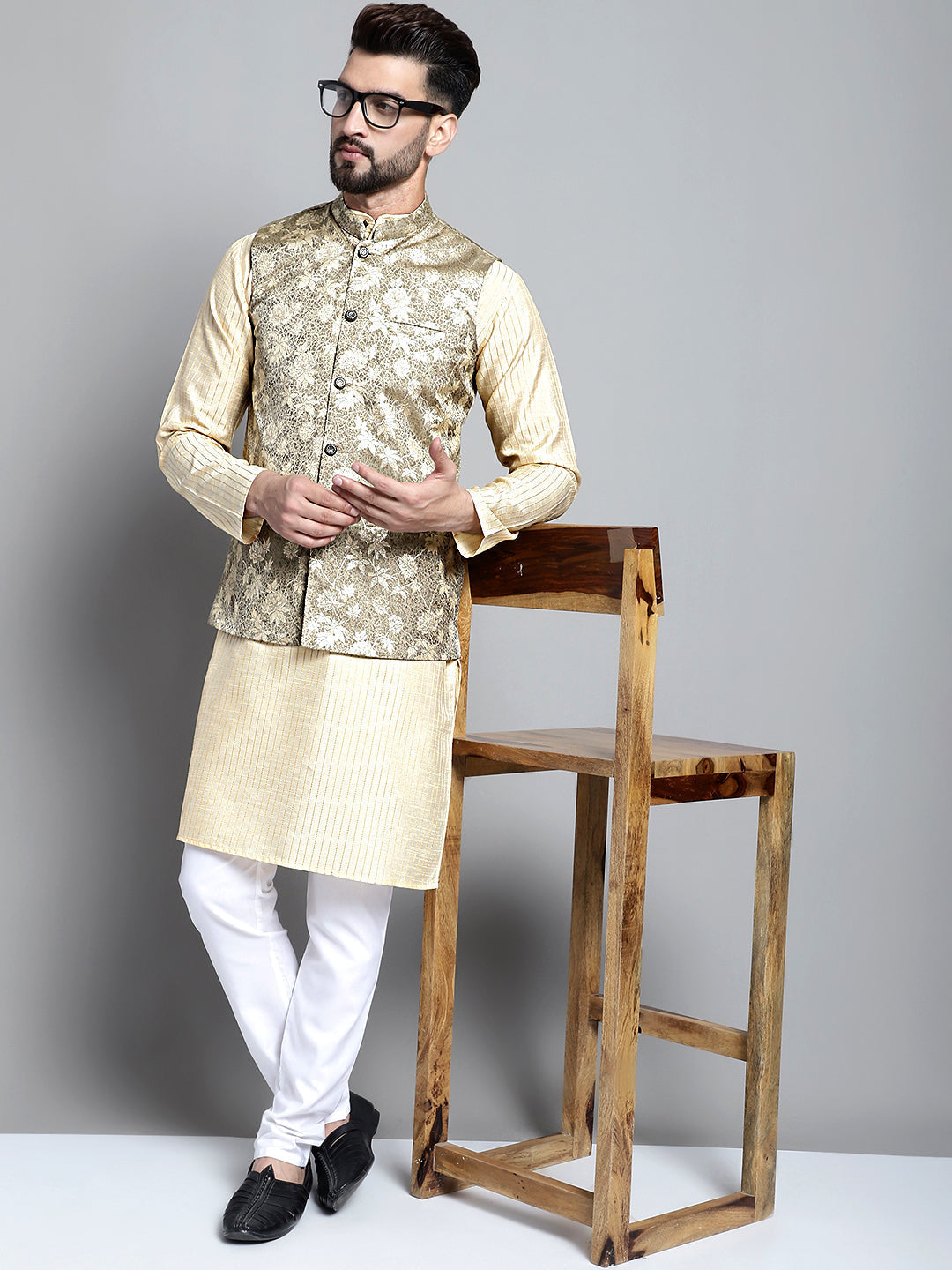 Jompers Men's Woven Design Nehru Jacket - Beige