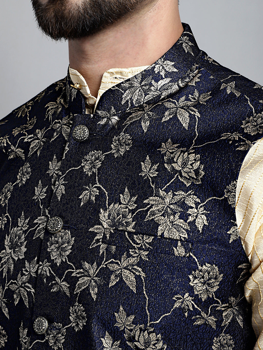 Jompers Men's Woven Design Nehru Jacket - Navy Blue