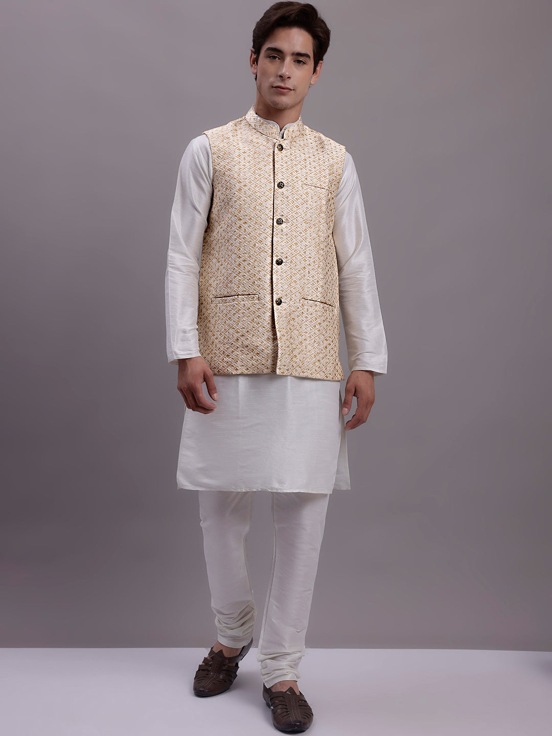 Jompers Men's Cream Woven Design Nehru Jacket With Solid Kurta Pyjama