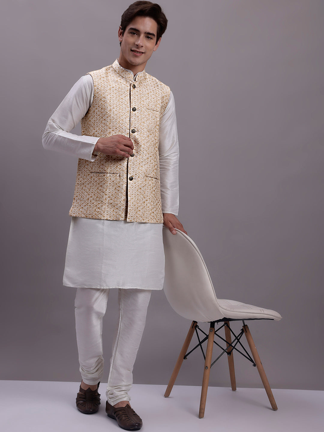 Jompers Men's Cream Woven Design Nehru Jacket With Solid Kurta Pyjama