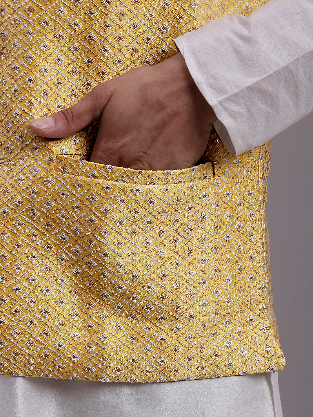 Jompers Men's Golden Woven Design Nehru Jacket With Solid Kurta Pyjama