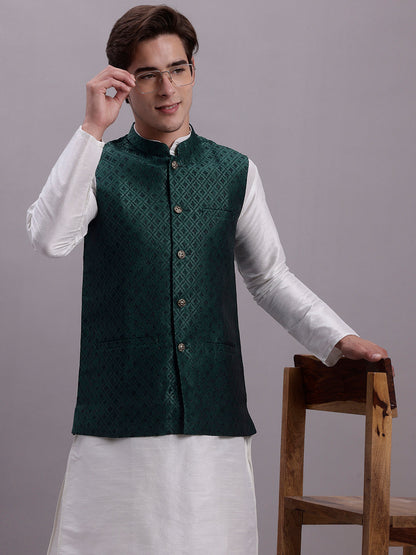 Jompers Men's Olive Green Woven Design Nehru Jacket With Solid Kurta Pyjama