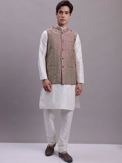 Jompers Men's Peach Woven Design Nehru Jacket With Solid Kurta Pyjama