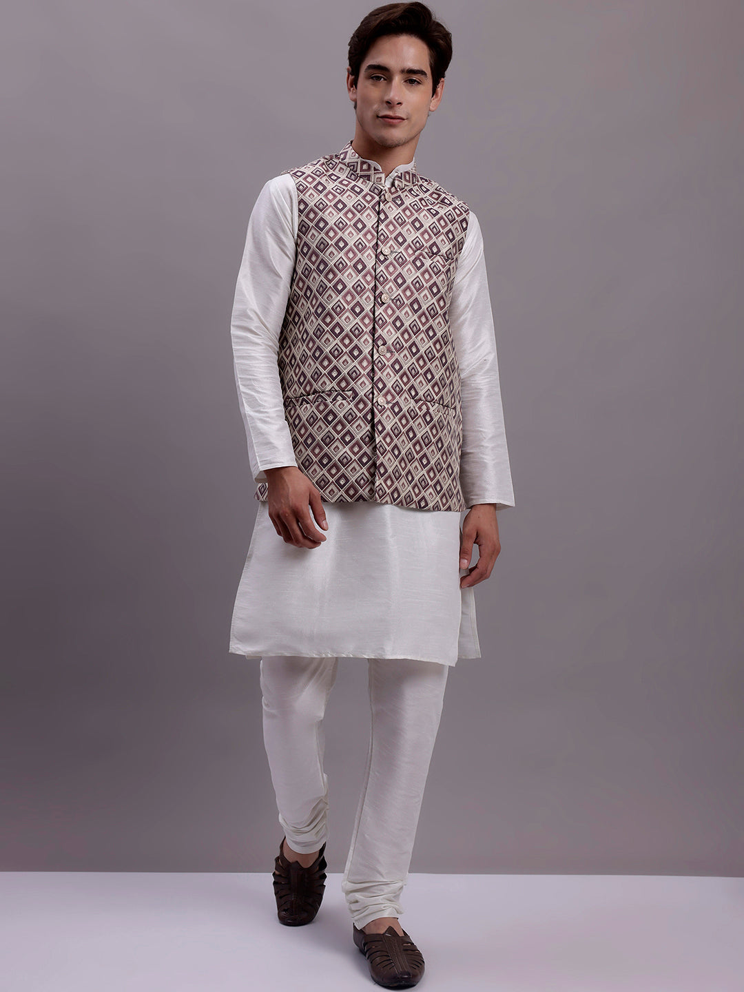 Jompers Men's Purple Woven Design Nehru Jacket With Solid Kurta Pyjama
