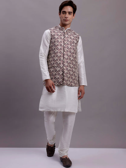 Jompers Men's Purple Woven Design Nehru Jacket With Solid Kurta Pyjama
