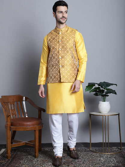 Jompers Men's Woven Design Nehru Jacket - Mustard