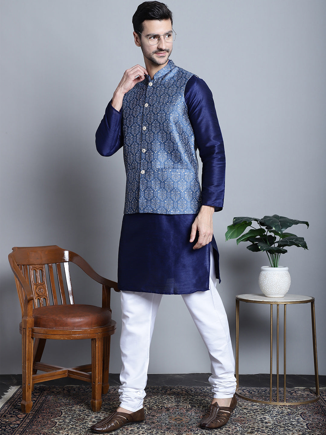 Jompers Men's Printed Nehru Jacket - Blue