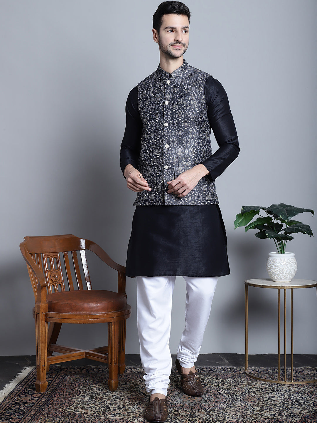 Jompers Men's Printed Nehru Jacket - Charcoal