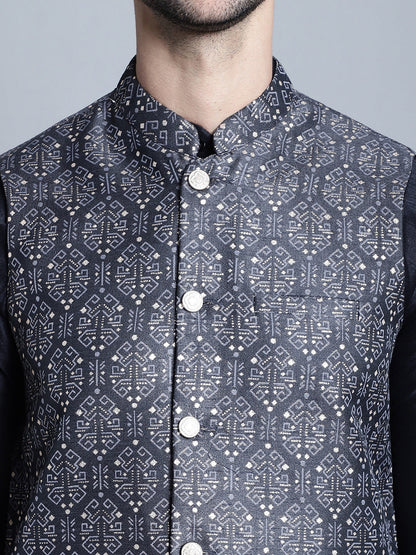 Jompers Men's Printed Nehru Jacket - Charcoal