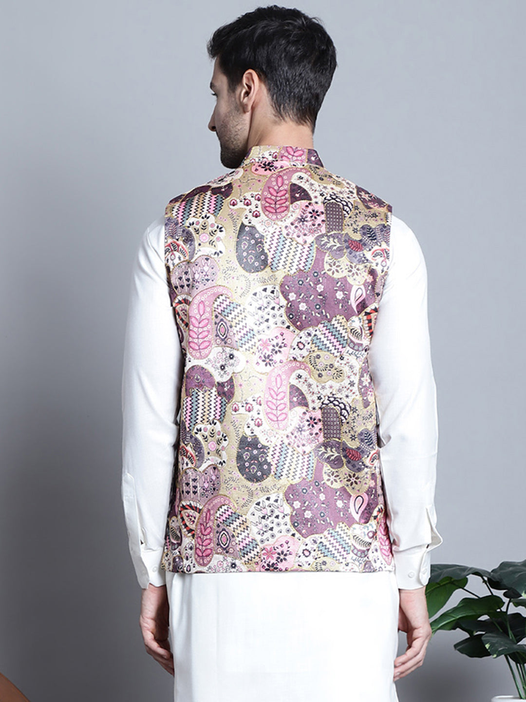 Jompers Men's Printed With Zari Work Nehru Jacket - Purple