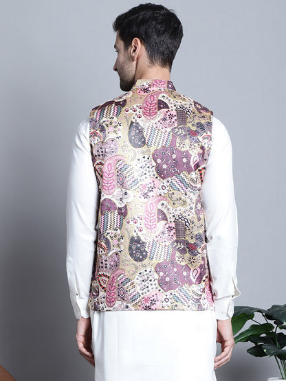 Jompers Men's Printed With Zari Work Nehru Jacket - Purple