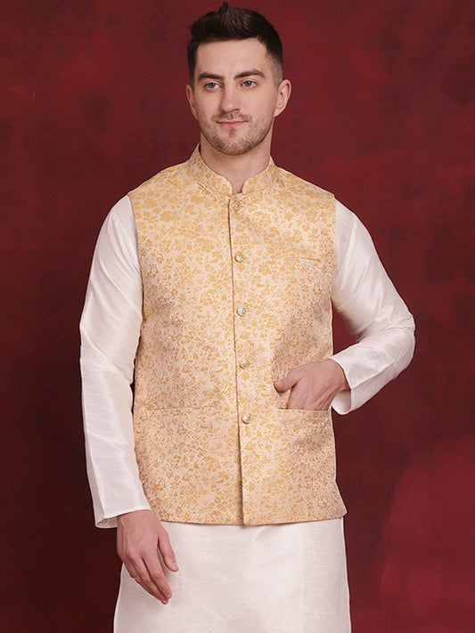Jompers Men's Golden Woven Design Nehru Jacket - Golden