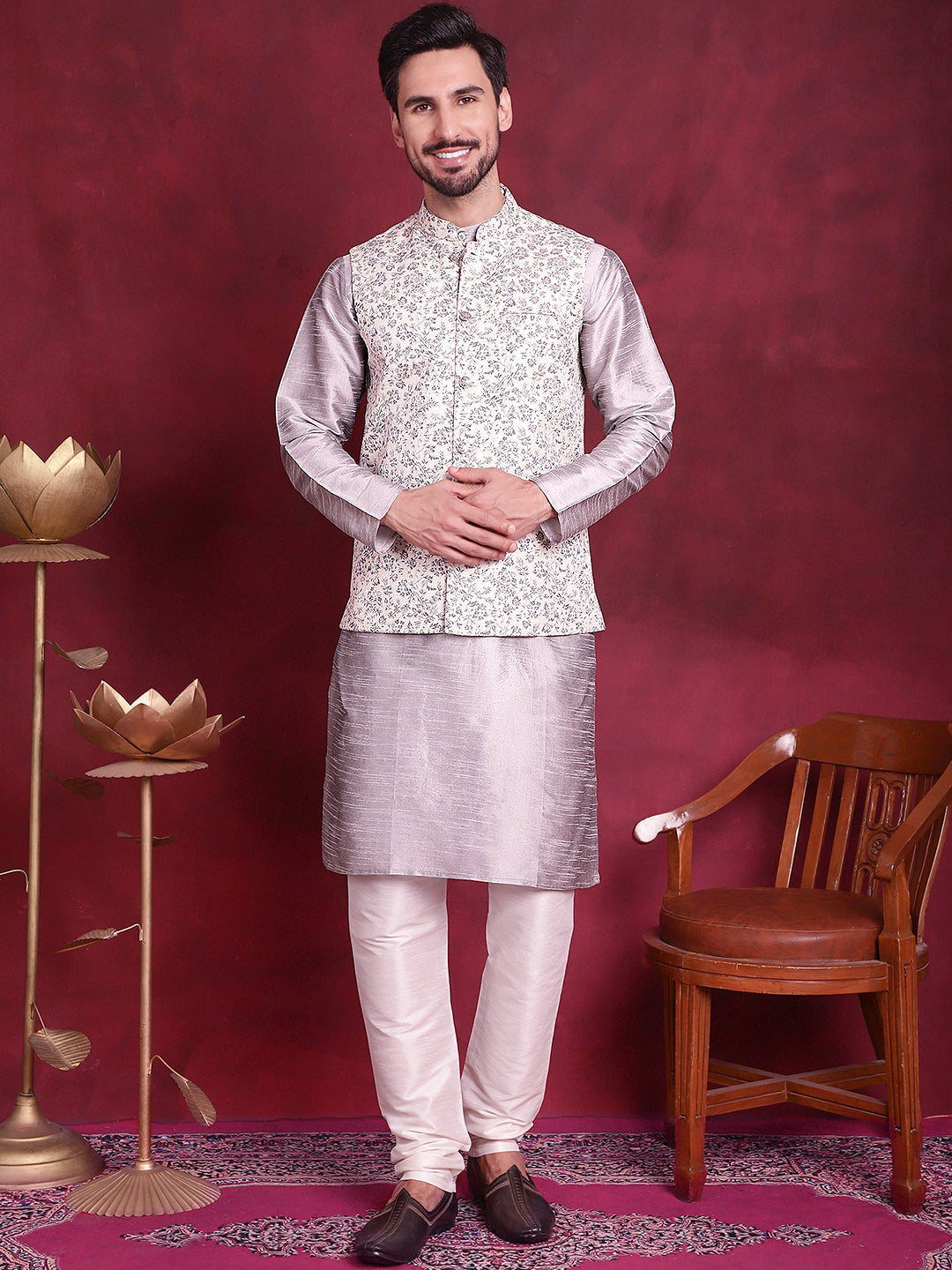 Jompers Men's Woven Design Nehru Jacket - Grey