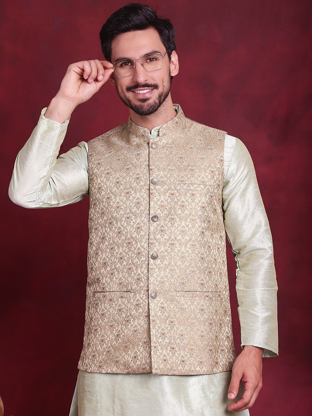 Jompers Men's Woven Design Nehru Jacket - Golden