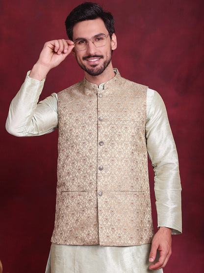 Jompers Men's Woven Design Nehru Jacket - Golden