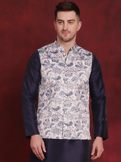 Jompers Men's Floral Printed Nehru Jacket - White