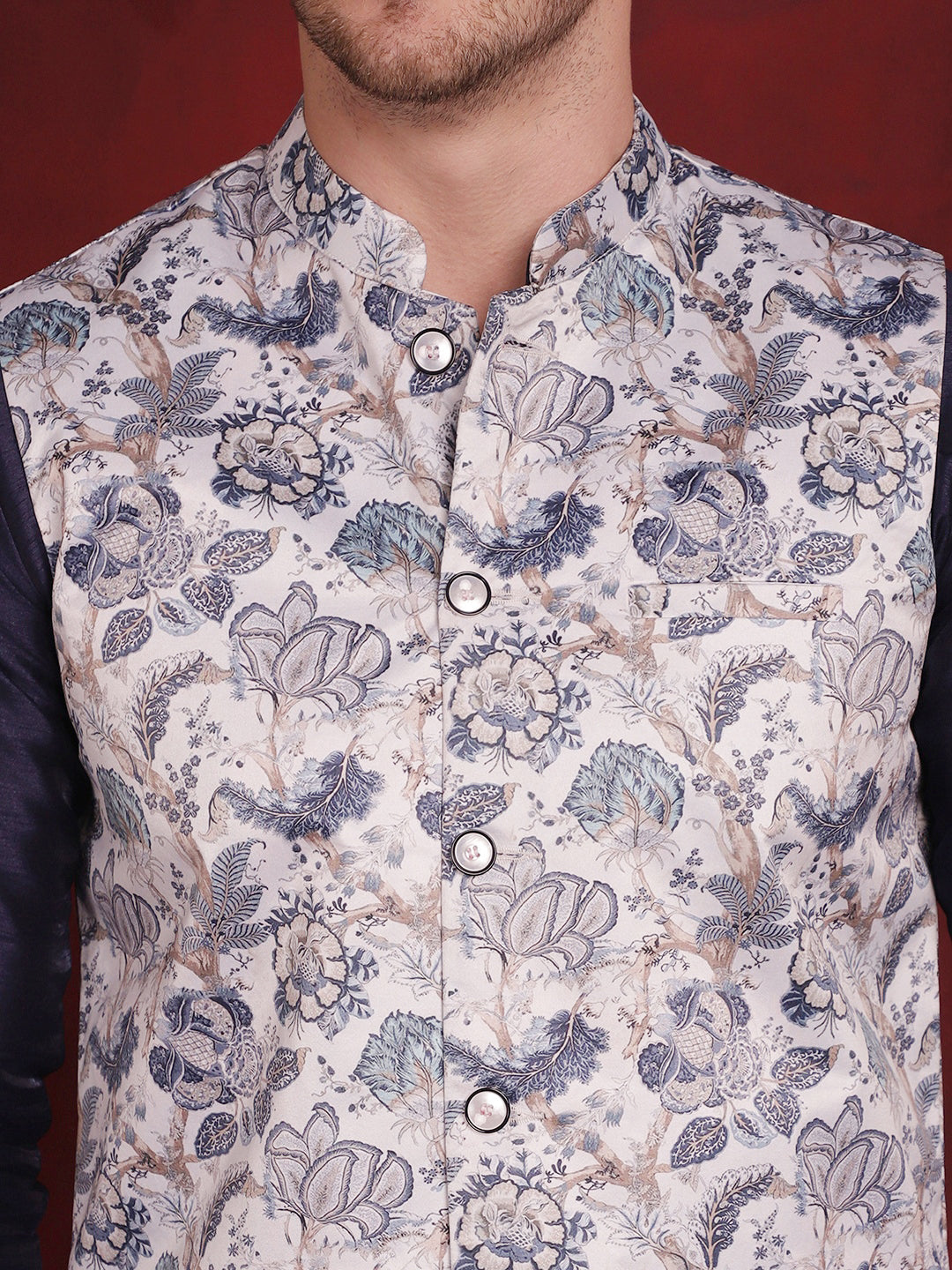 Jompers Men's Floral Printed Nehru Jacket - White