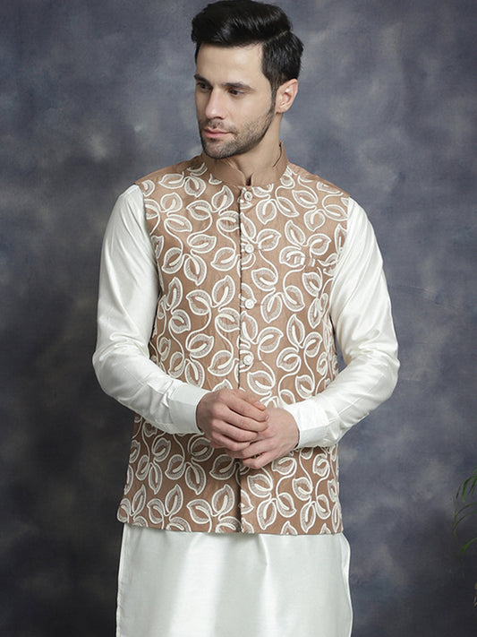 Jompers Men's embroidered Nehru Jacket - Brown