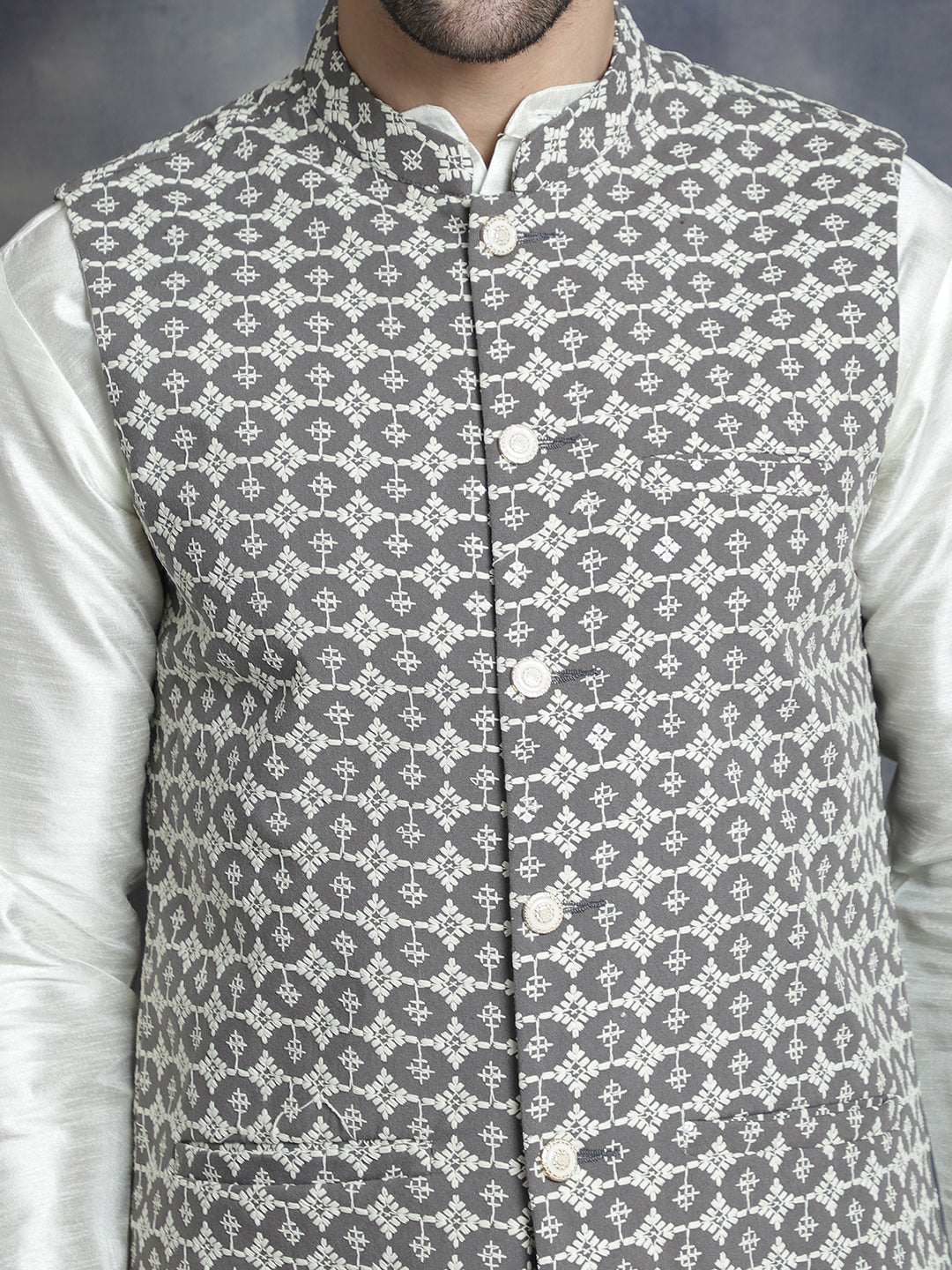 Jompers Men's embroidered and sequins Nehru Jacket - Grey