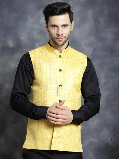 Jompers Men's Woven Design Nehru Jacket - Yellow