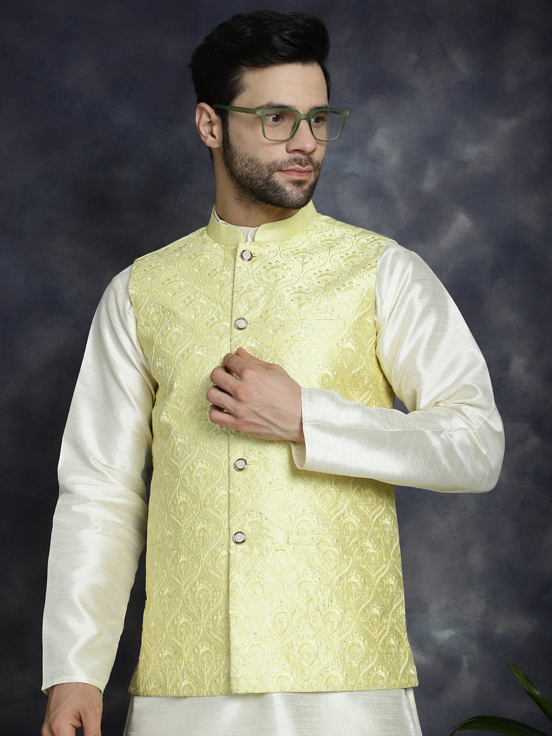 Jompers Men's Sequins and Embroidred Nehru Jacket - Yellow