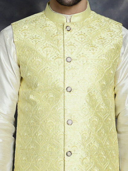 Jompers Men's Sequins and Embroidred Nehru Jacket - Yellow