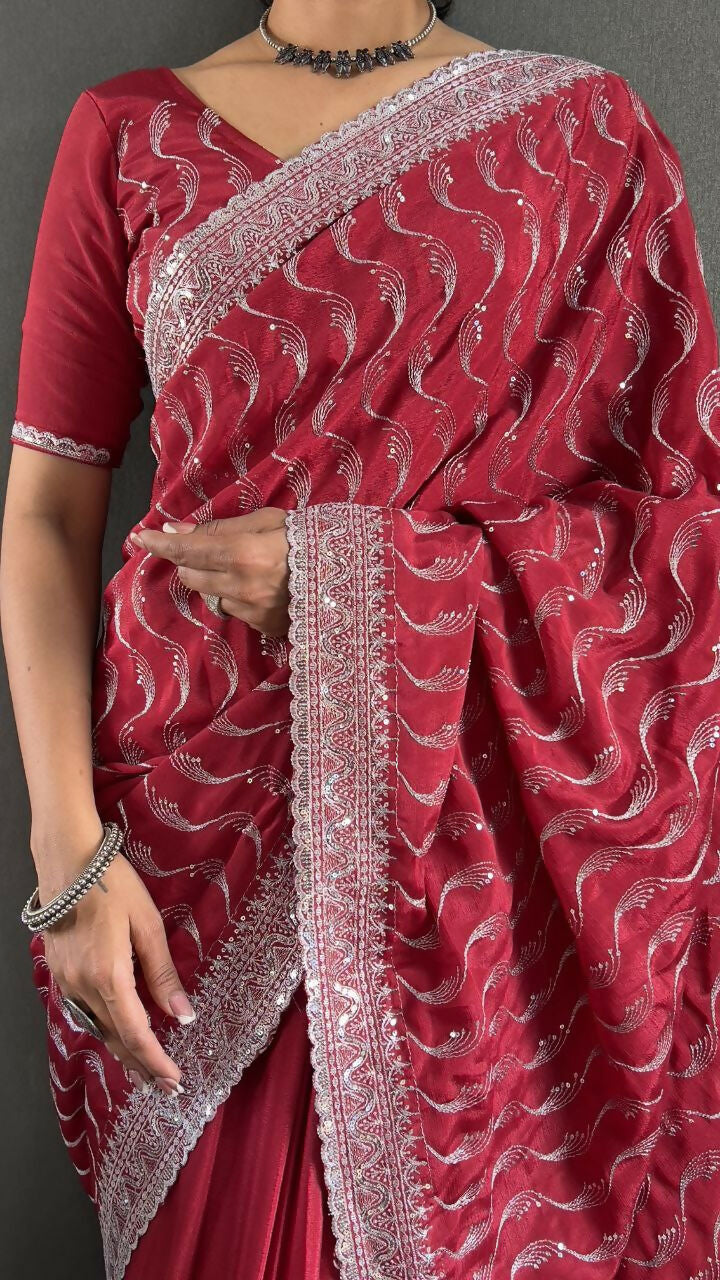 Vastranavya Pink Chinnon Silk Embroidery Multi Sequence & Arco Cut Work Ready to Wear Saree