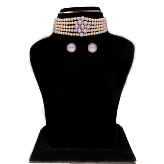 J Pearls Jaahnavi 5 Lines Round Pearl Choker - Real Pearl Jewelry