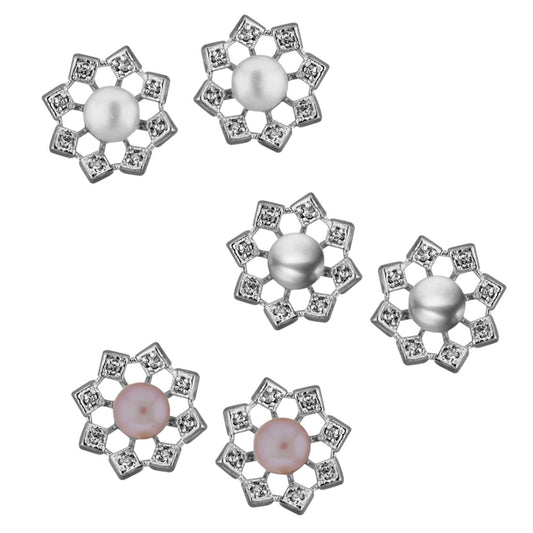 J Pearls Combo Of 3 Pairs Flower Shining Earrings - Real Pearl Jewelry