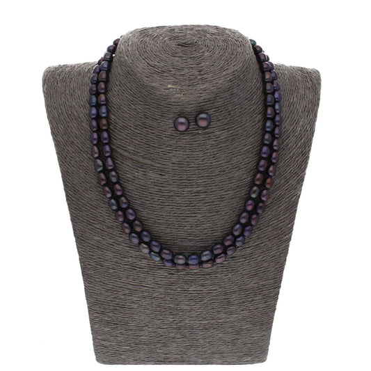 J Pearls 2 Line Black Oval Pearl Set - Real Pearl Jewelry