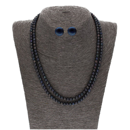 J Pearls 2 Line 5-6Mm Black Round Pearl Set - Real Pearl Jewelry