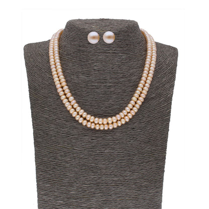 J Pearls 2 Line Button Peach Pearl Set - Real Pearl Jewelry