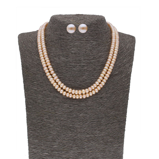J Pearls 2 Line Button Peach Pearl Set - Real Pearl Jewelry