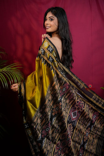 khanduapata Mustard Yellow Colour Double Border Dot Design Silk Saree For Women
