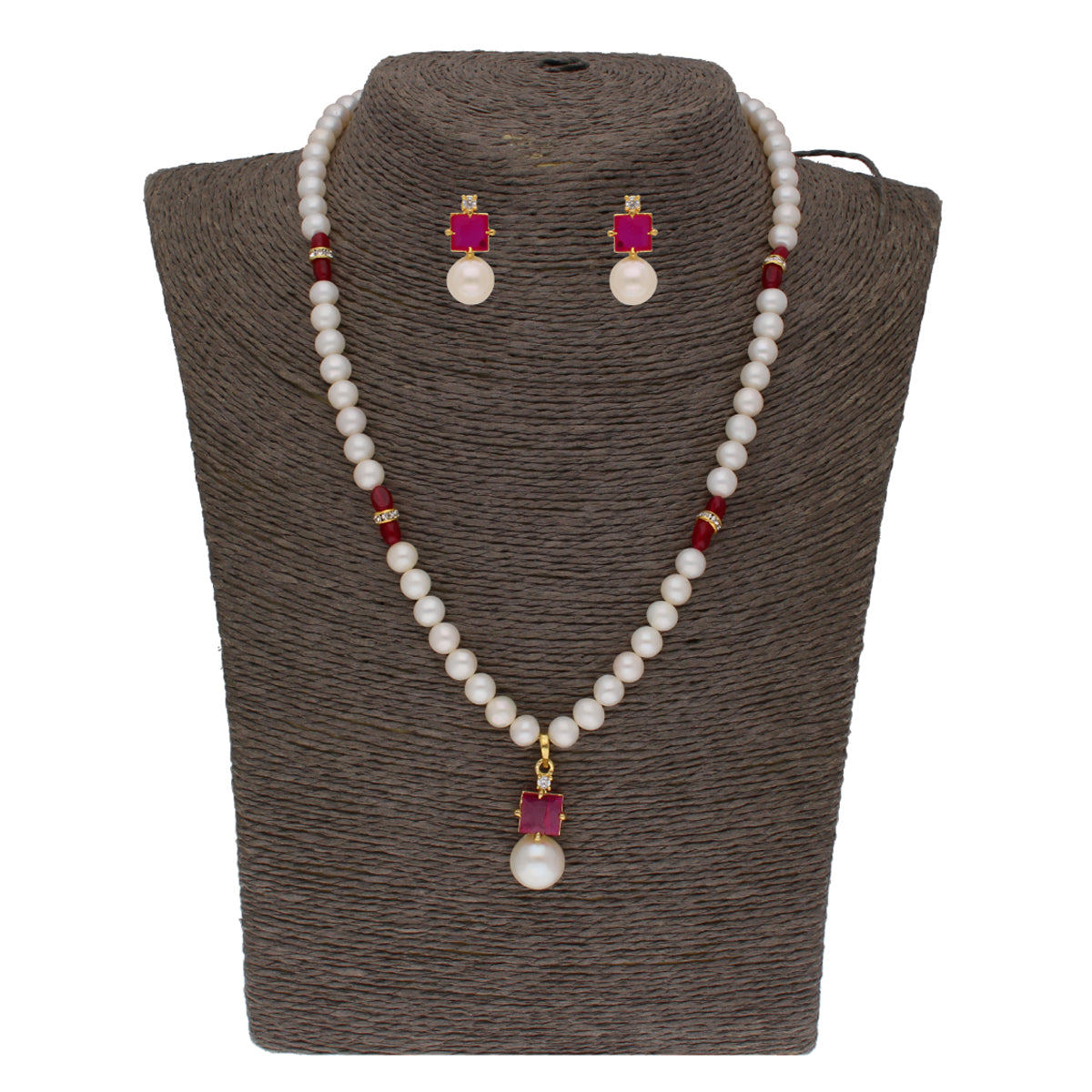 J Pearls Classic Red Pearl Pendant Set - Real Pearl Jewelry