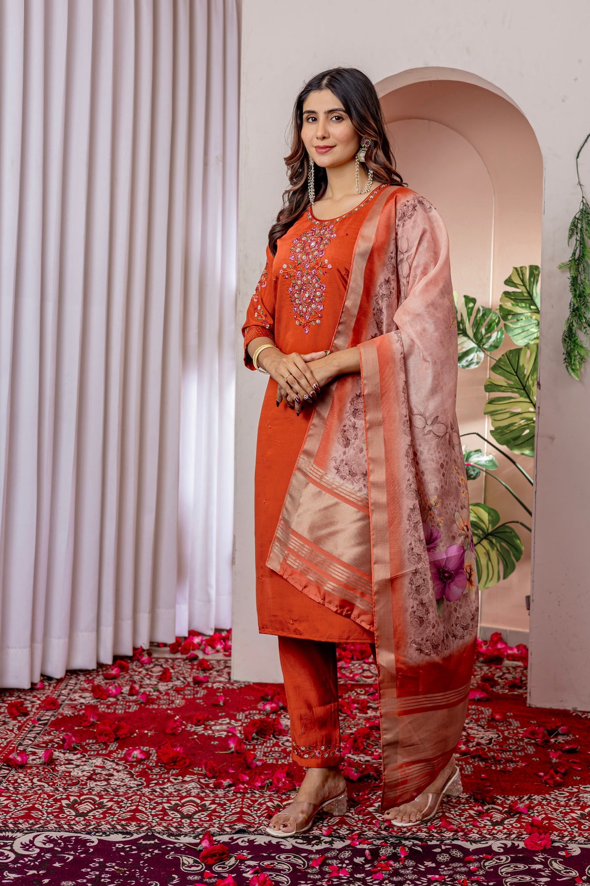 Lorenvalley Fashion Orange Viscose Silk Embroidery Thread With Hand Work Kurta Pant Dupatta