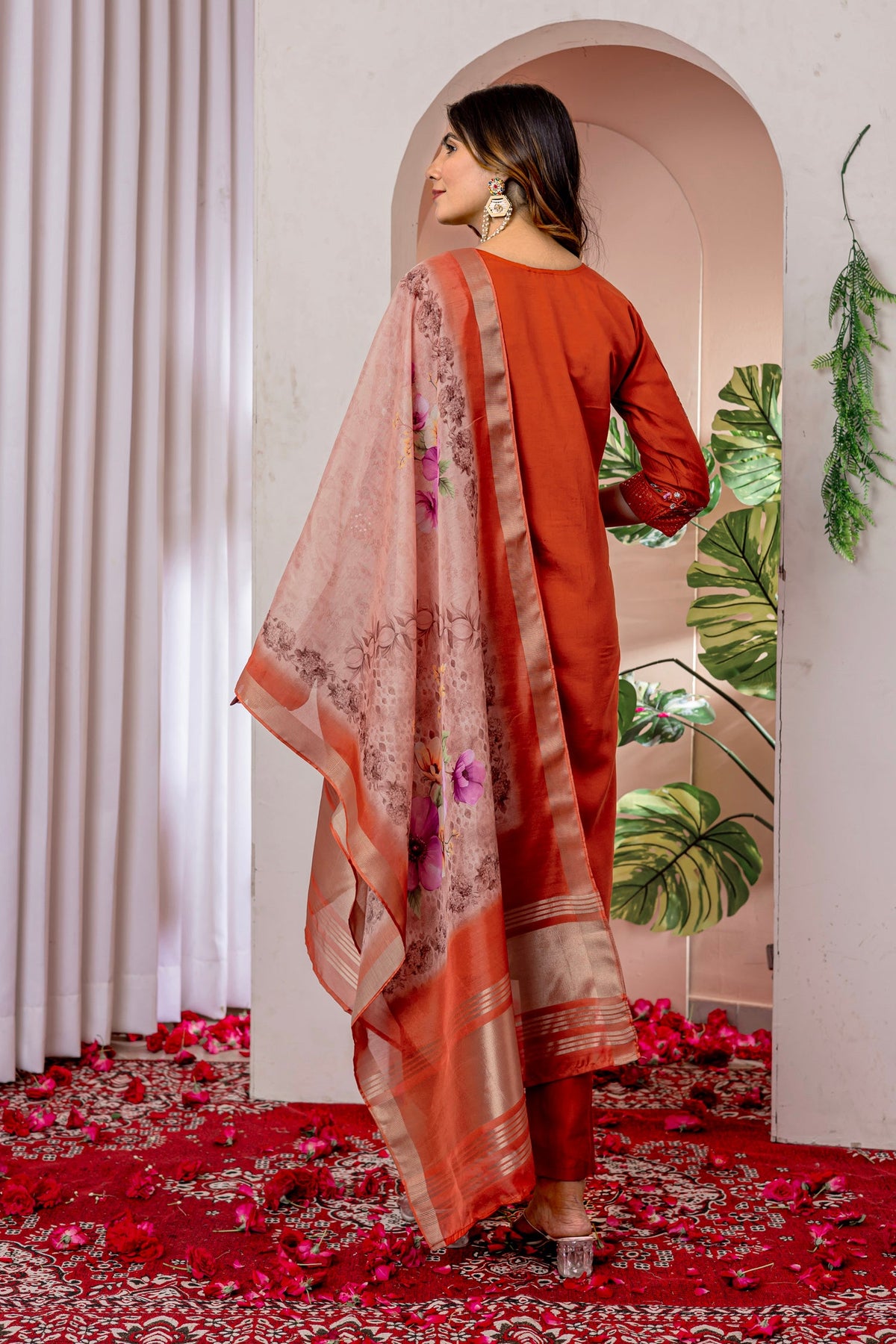 Lorenvalley Fashion Orange Viscose Silk Embroidery Thread With Hand Work Kurta Pant Dupatta