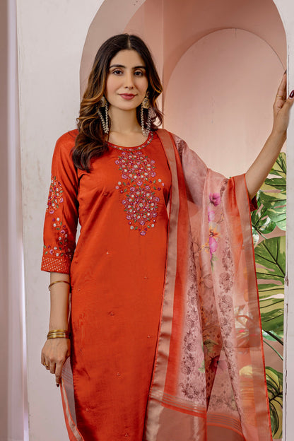 Lorenvalley Fashion Orange Viscose Silk Embroidery Thread With Hand Work Kurta Pant Dupatta