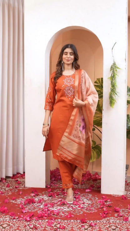 Lorenvalley Fashion Orange Viscose Silk Embroidery Thread With Hand Work Kurta Pant Dupatta