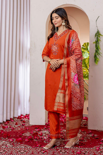 Lorenvalley Fashion Orange Marina Viscose Silk Embroidery Thread With Hand Work Kurta Pant Dupatta