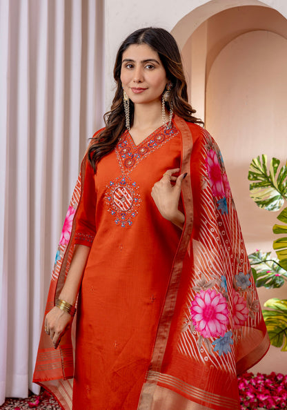 Lorenvalley Fashion Orange Marina Viscose Silk Embroidery Thread With Hand Work Kurta Pant Dupatta
